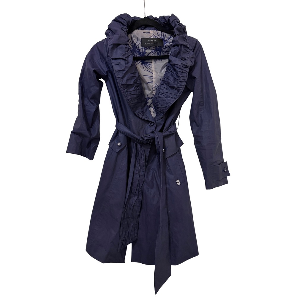 Violanti Navy Blue Ruffle Collar Belted Trench Coat Italy Size IT 38 US 2-4